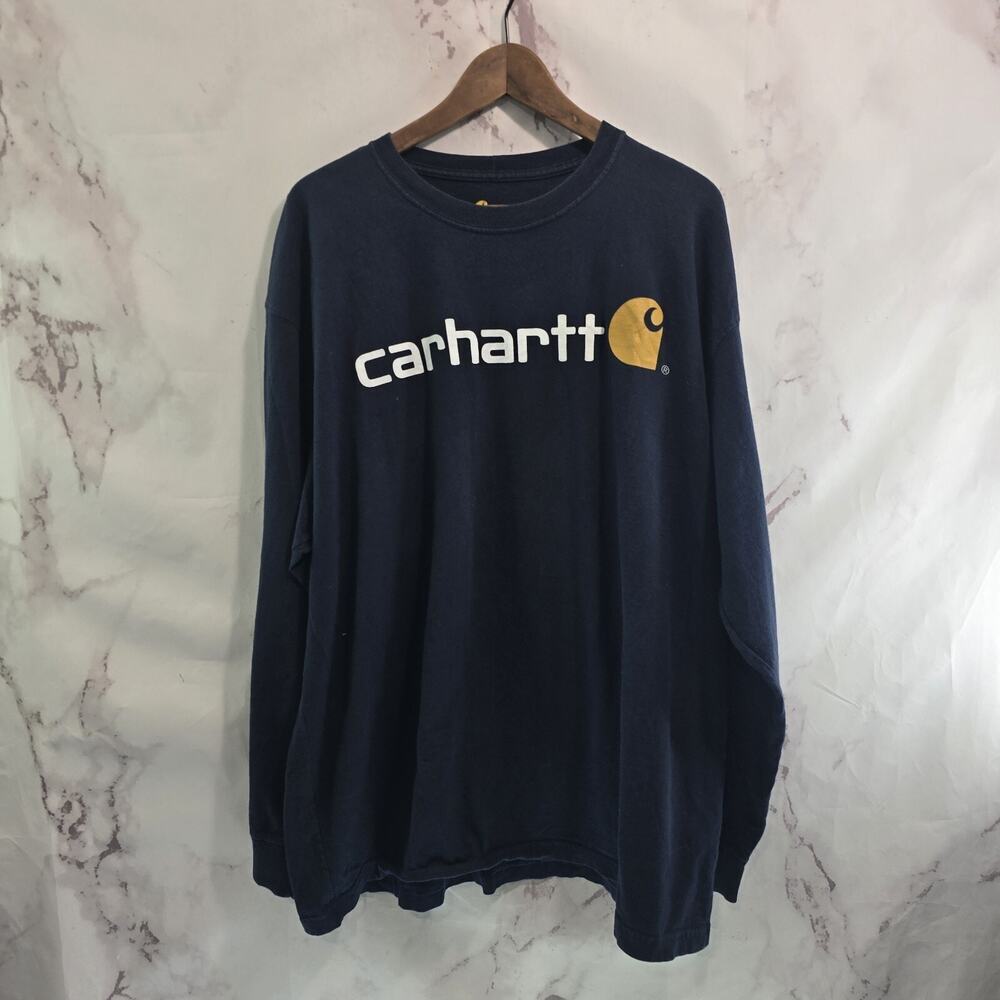 Carhartt T Shirt Mens XL Navy Blue Regular Tee Long Sleeve Spellout Logo Yellow